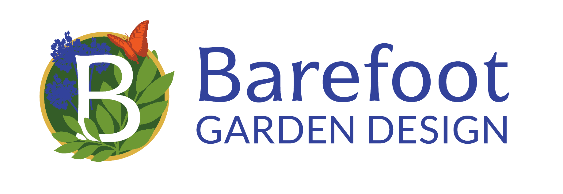 Barefoot Garden Design Logo - Letter B Surrounded by green leaves, blue flowers, and orange butterfly keywords: eco friendly landscape design contact for a free estimate
