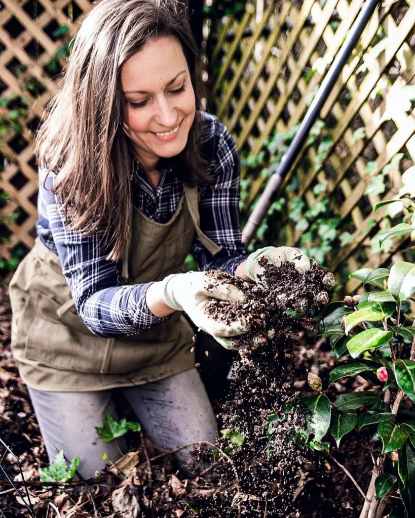 Jenny installing garden design - brunette with mid length hair in gardening outfit, sprinkling dirt onto freshly planted camellia , featured on our blog